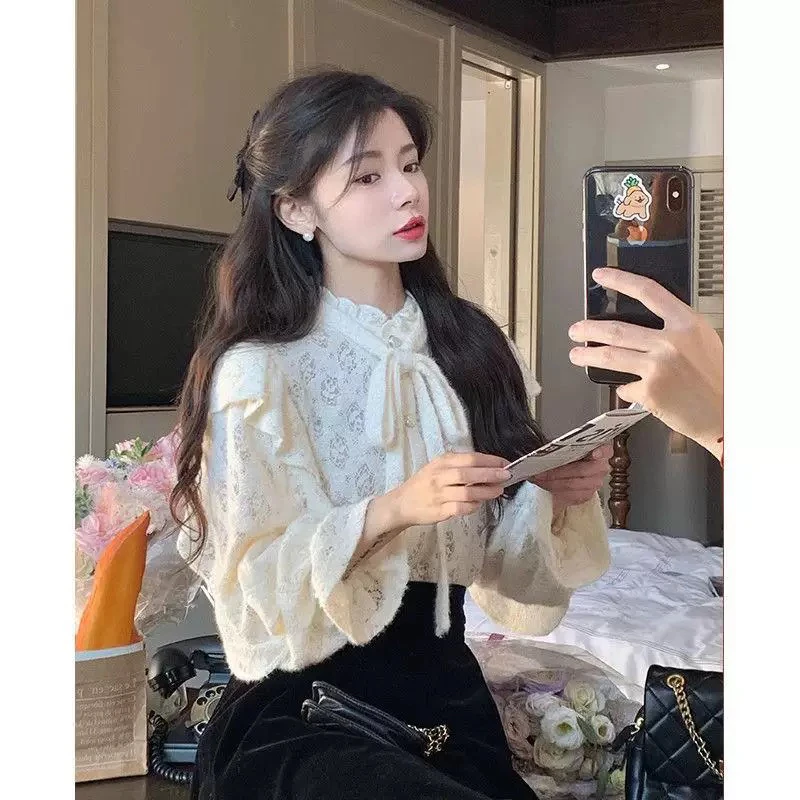 6329小香甜美风蕾丝蝴蝶结上衣