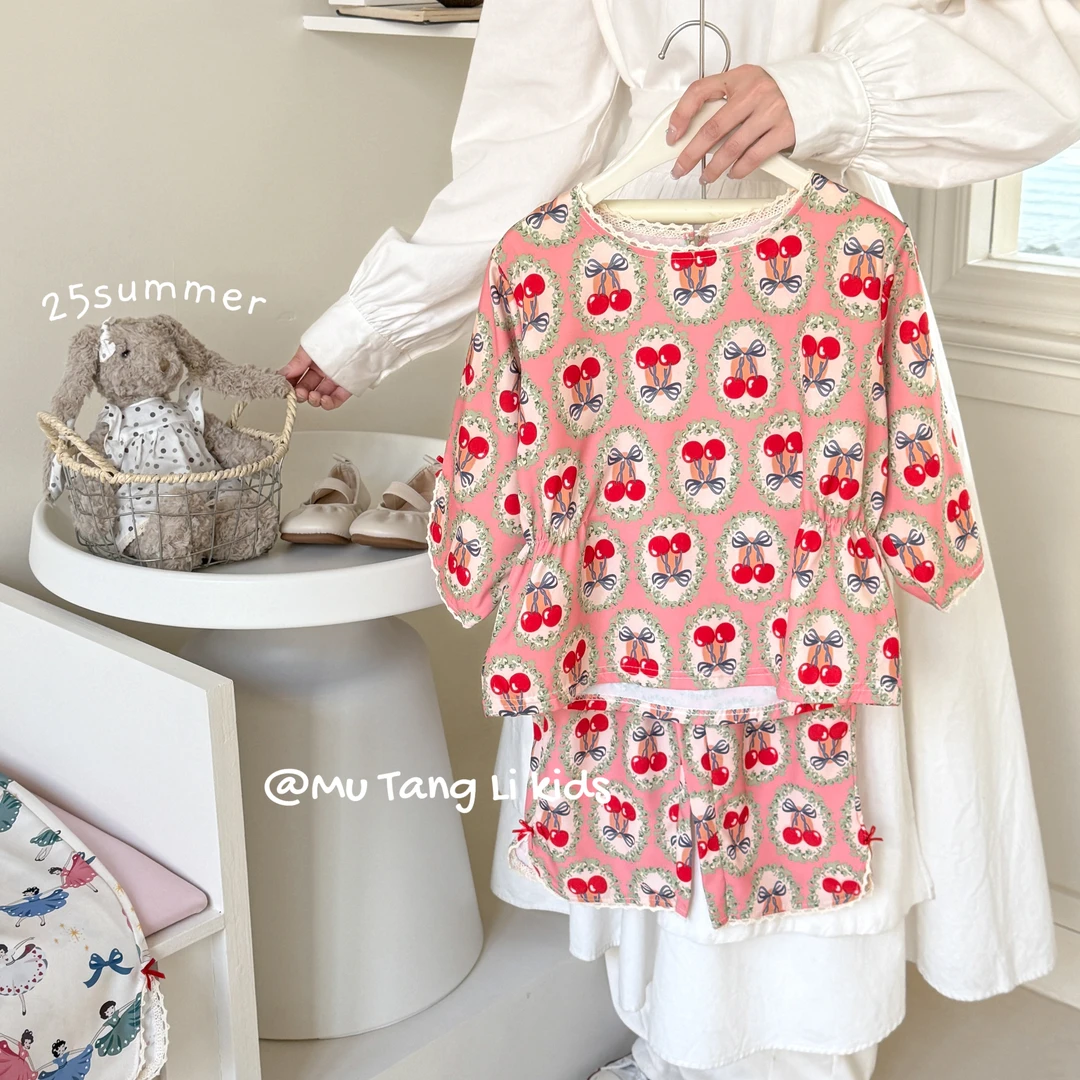 【清仓】女宝家居服夏季薄款公主风小花边套装亮亮棉碎花时尚空调服