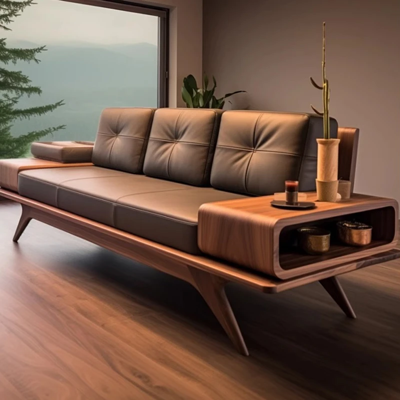 沙发客厅2025新款高端北美黑胡桃木意式真皮三四人位客厅直排