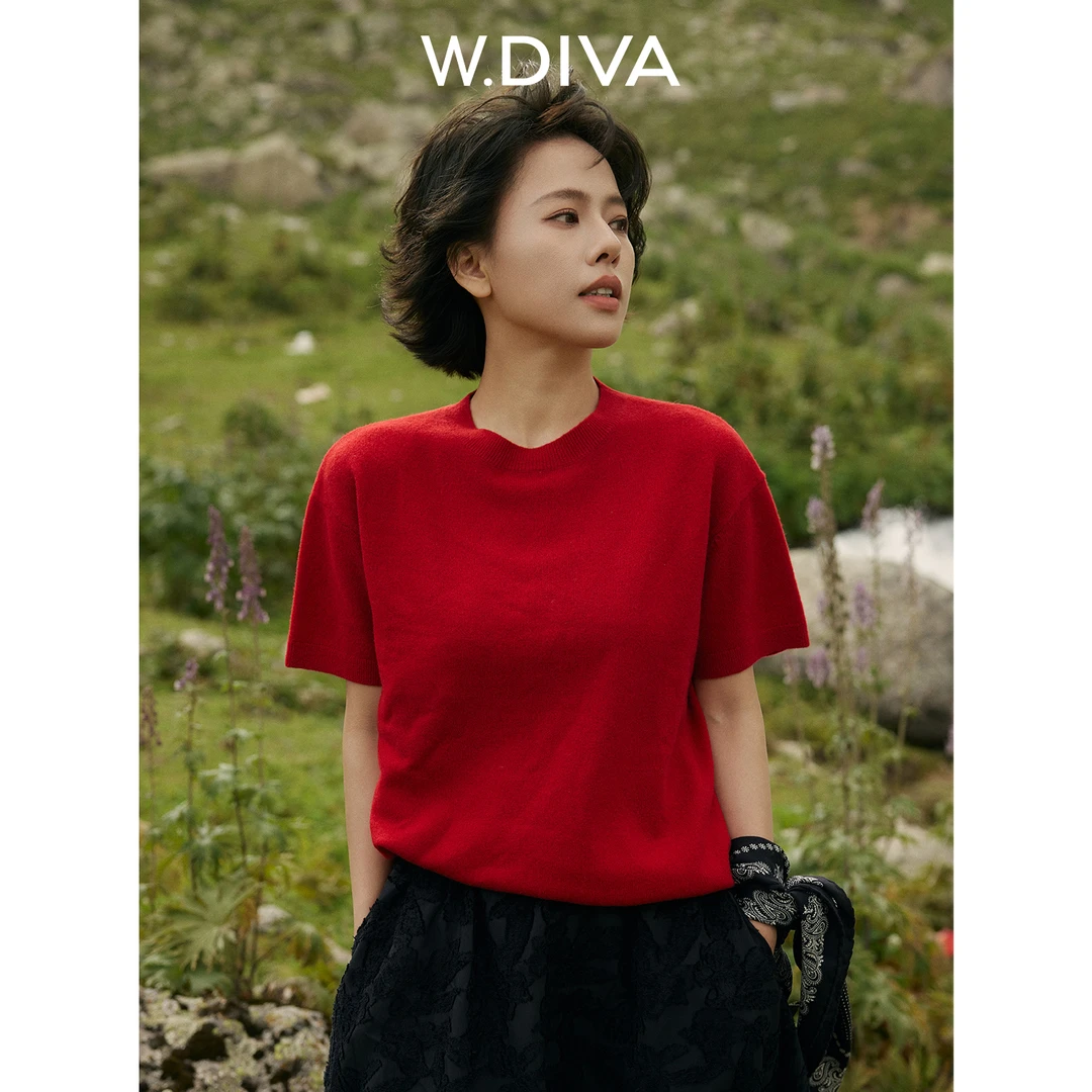 W.Diva【轻织间】100羊毛百搭显瘦短袖针织纯欲慵懒风女装53T182467