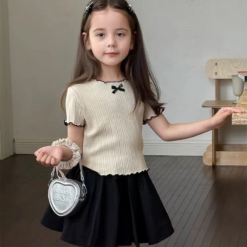 女童韩版木耳边短袖夏装新款洋气上衣凉感蝴蝶结百搭上衣T恤