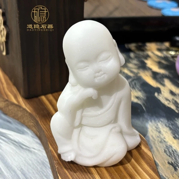 小沙弥汉白玉茶室茶空间桌面摆件吉祥装饰