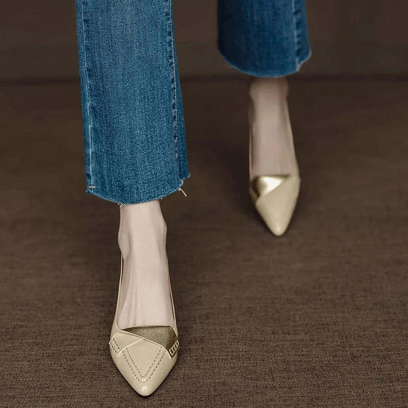 羊皮版真皮尖头拼色时尚浅口春夏单鞋女新款法式复古一脚蹬高跟鞋