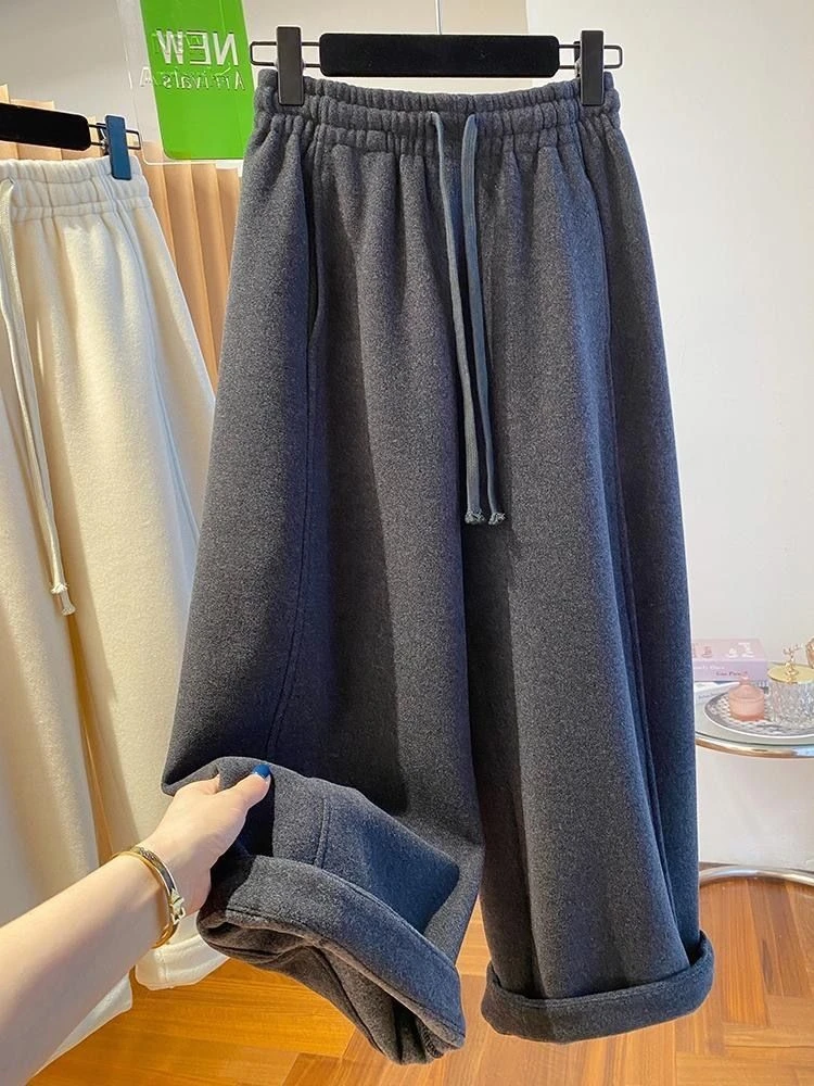 加绒加厚灰色毛呢阔腿裤女秋冬2025新宽松休闲百搭直筒裤九分裤子
