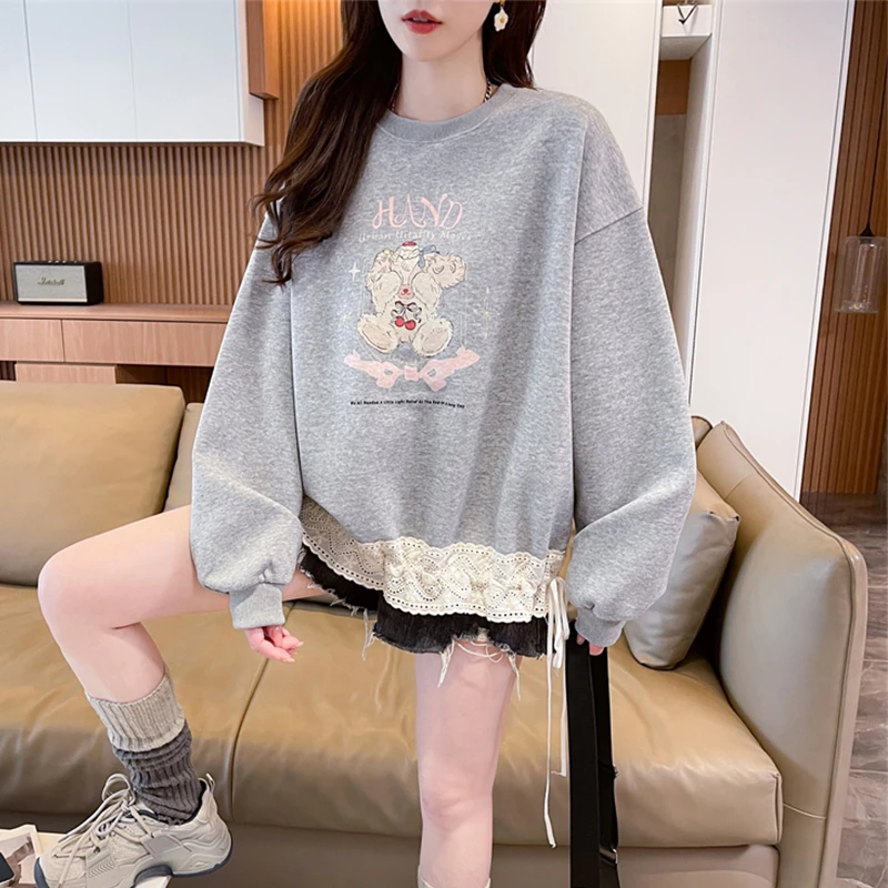 蕾丝拼接蝴蝶结卫衣女2025新款春秋季韩版宽松薄款设计感上衣外套