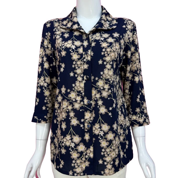 翻领梅花七分袖开衫妈妈装舒适弹力中老年上衣(衣长62)