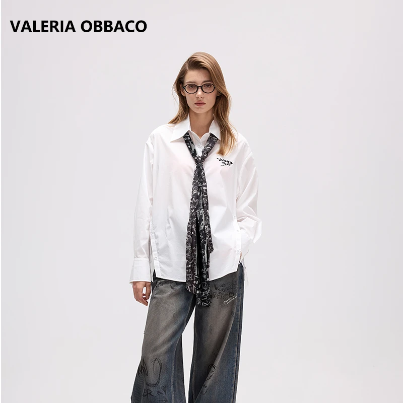 VALERIAOBBACO/瓦莱丽娅 奥贝科白色可拆卸丝巾廓形衬衫休闲上衣