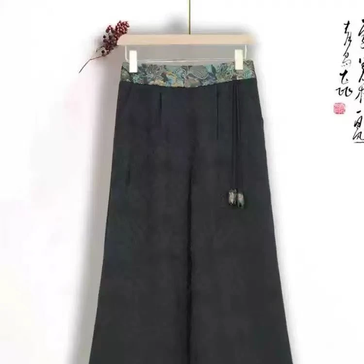 新中式海浪祥云高定阔腿裤-高腰宽松显瘦九分裤直筒k44
