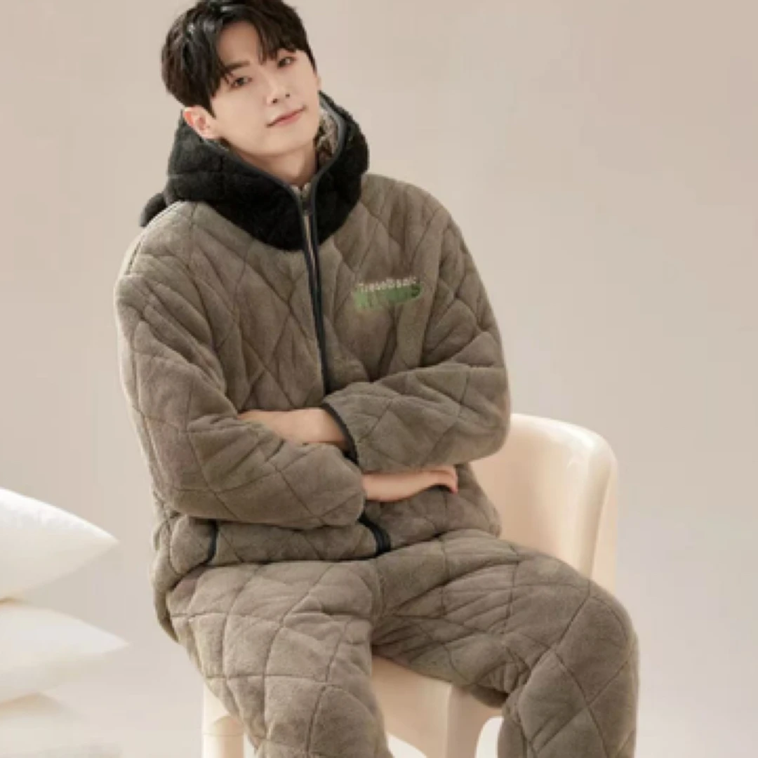 S6602连帽情侣款保暖冬季加厚家居服套装男士