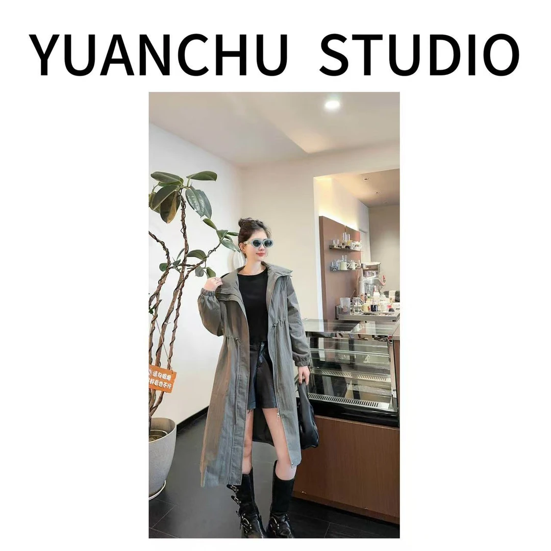 【YC】2025年连帽工装风衣外套女春秋韩版宽松大码百搭休闲中长款