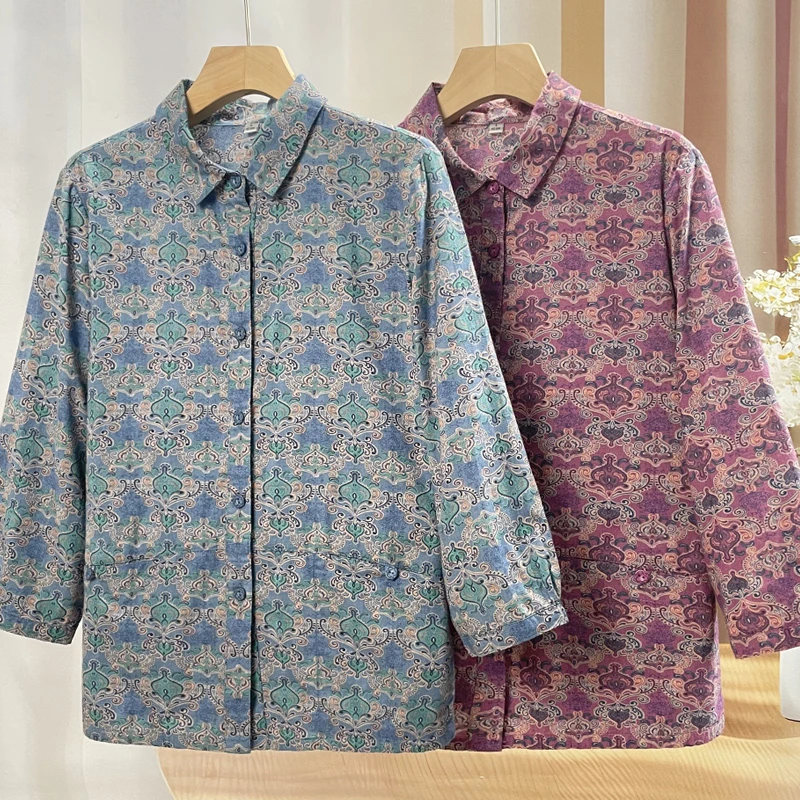 中老年人妈妈夏装纯棉衬衫奶奶夏季全棉衬衣宽松大码老太太衣服女