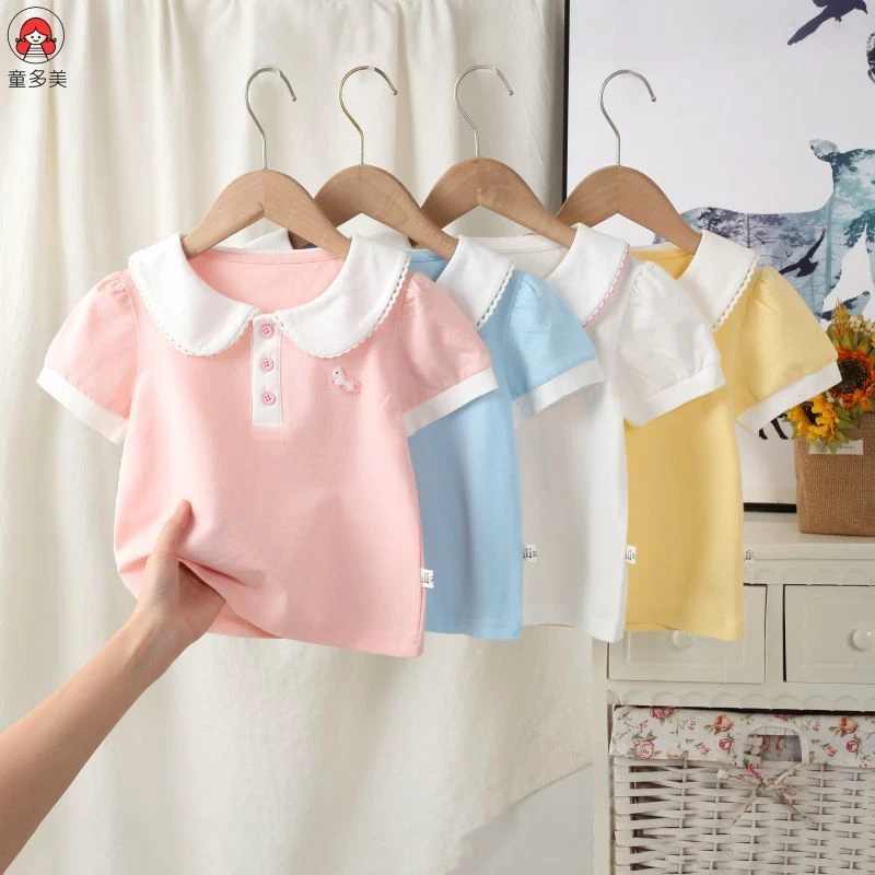 夏季女童新款纯色印花宝宝娃娃领短袖时髦洋气上衣公主风POLOT恤