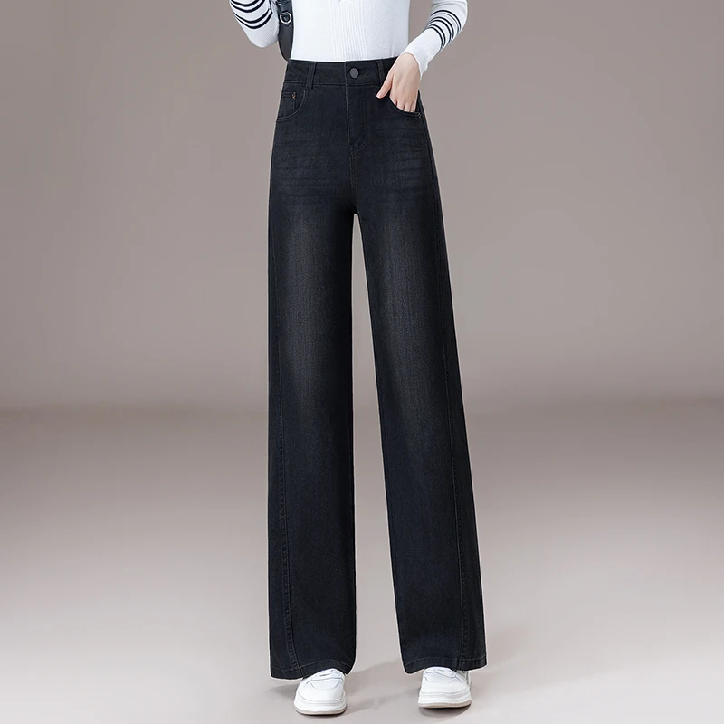 拉夏贝尔复古高腰直筒牛仔裤女2025春秋季新款黑色显瘦窄版阔腿裤