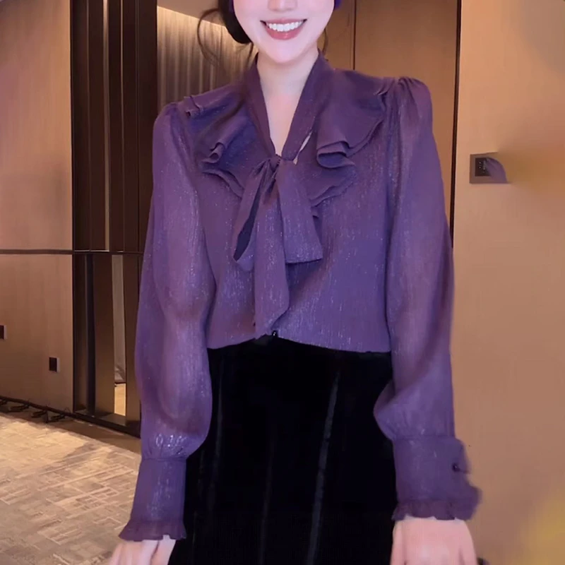 荷叶边紫色长袖衬衫女士2025秋季高级感气质减龄宽松显瘦v领上衣