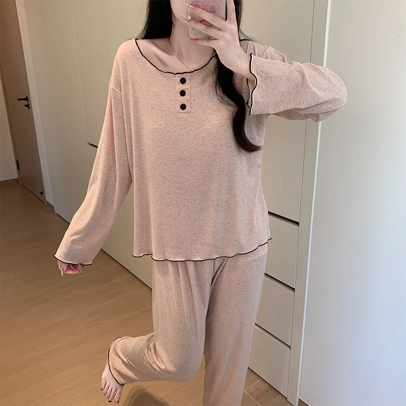 Meng luan/梦鸾春秋季纯色黑边长袖睡衣女带胸垫可外穿家居服套装