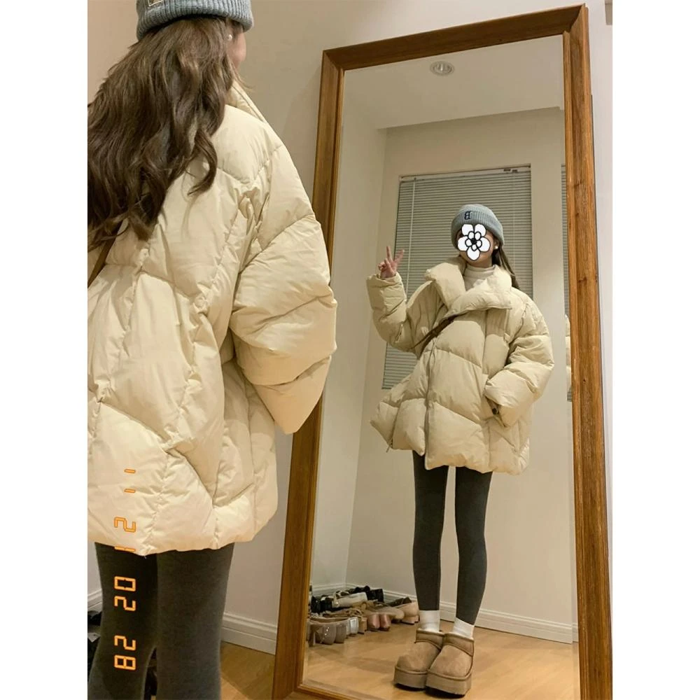 杏色大翻领设计感面包棉服女2025冬季新款加厚保暖小众百搭外套潮