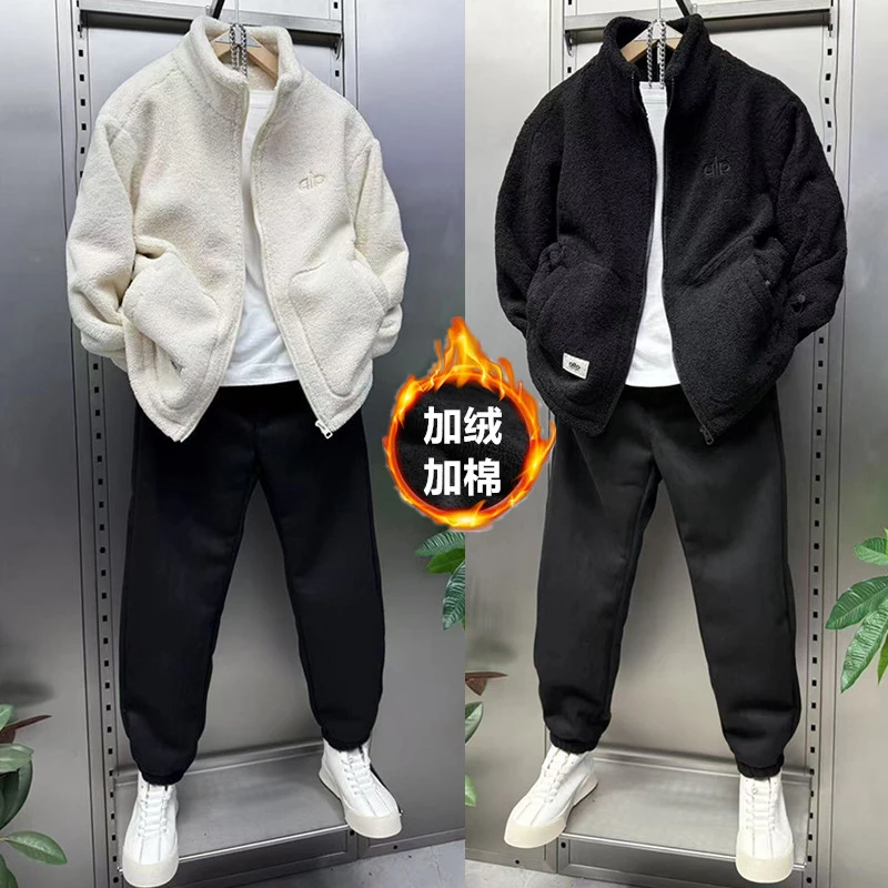 冬季棉服男女同款羊羔毛加绒加厚立领外套纯色保暖夹克时尚棉袄潮