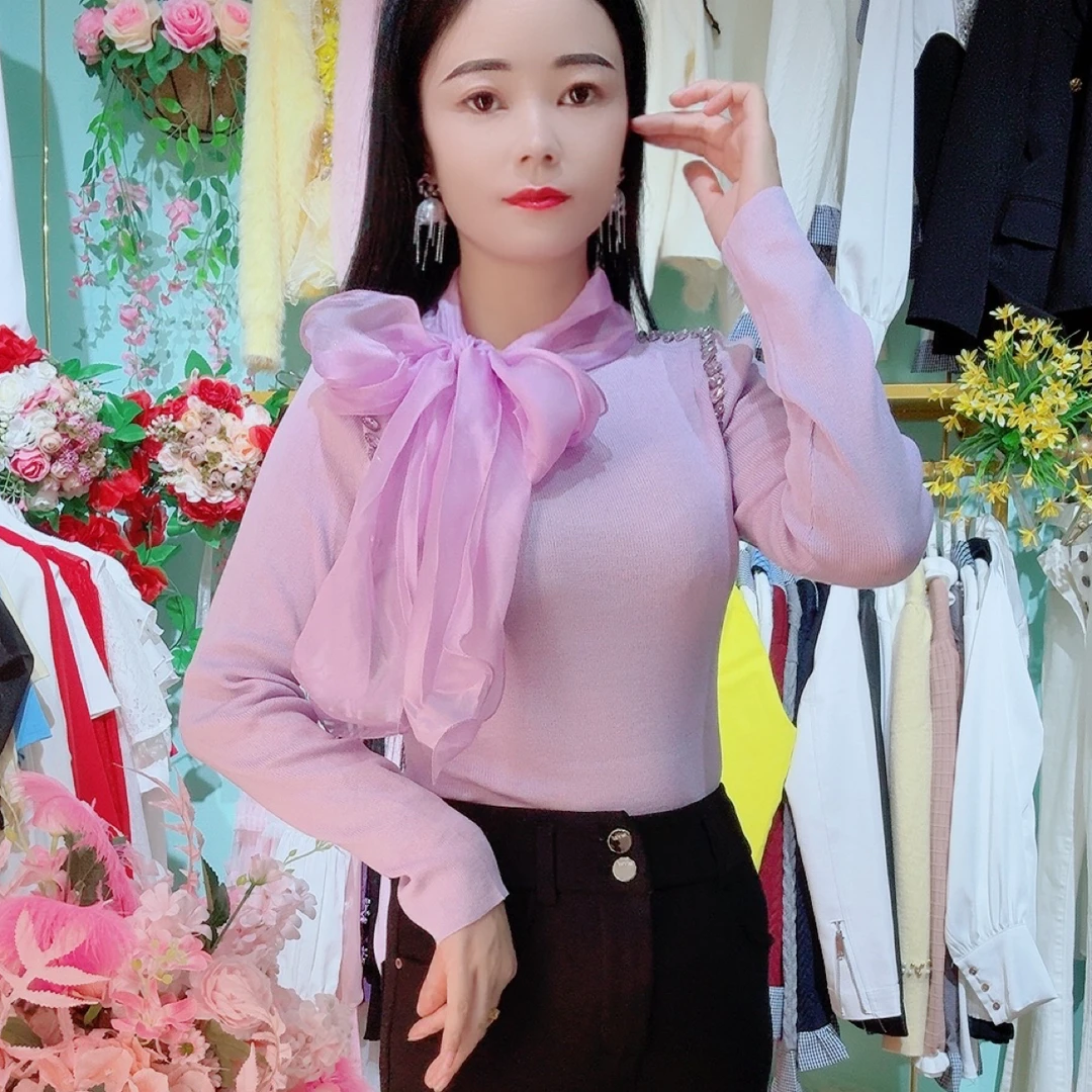 法式不起球修身型蝴蝶结毛针织衫设计师气质打底衫