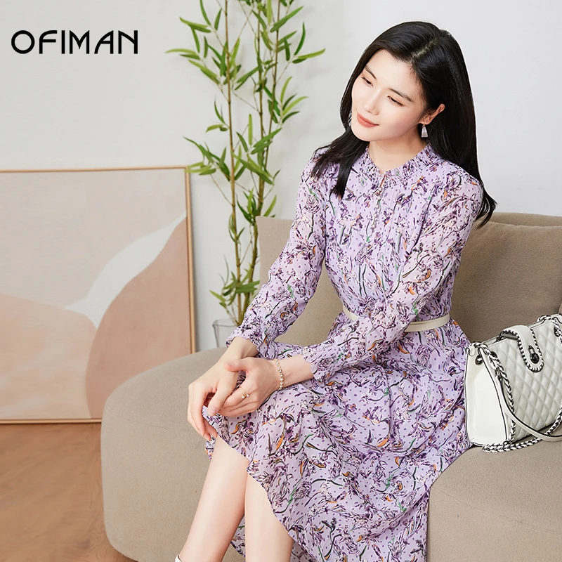 【粉丝专属】Ofiman木耳边圆领收腰雪纺花朵印花裙子中长款连衣裙
