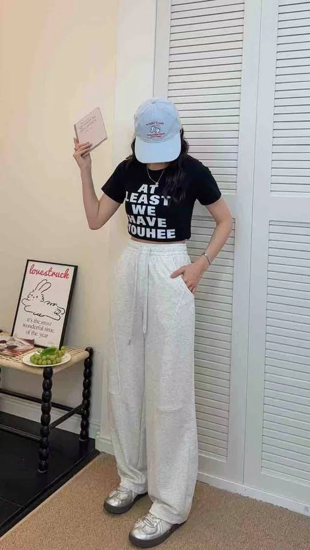 2025设计感抽绳弯刀卫裤春季新款休闲百搭纯色垂感阔腿裤-K8921