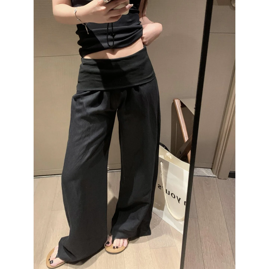 黑色翻腰亚麻阔腿裤女2025夏季新款宽松垂感直筒休闲裤子