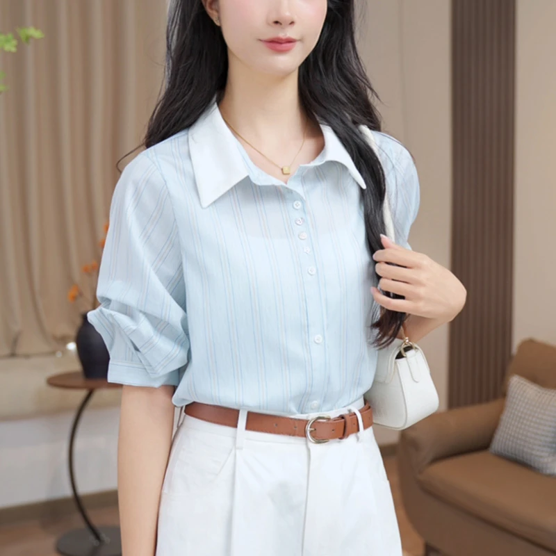 夏季新款透气翻领宽松衬衣设计感小众蓝色条纹衬衫女七分袖上衣潮