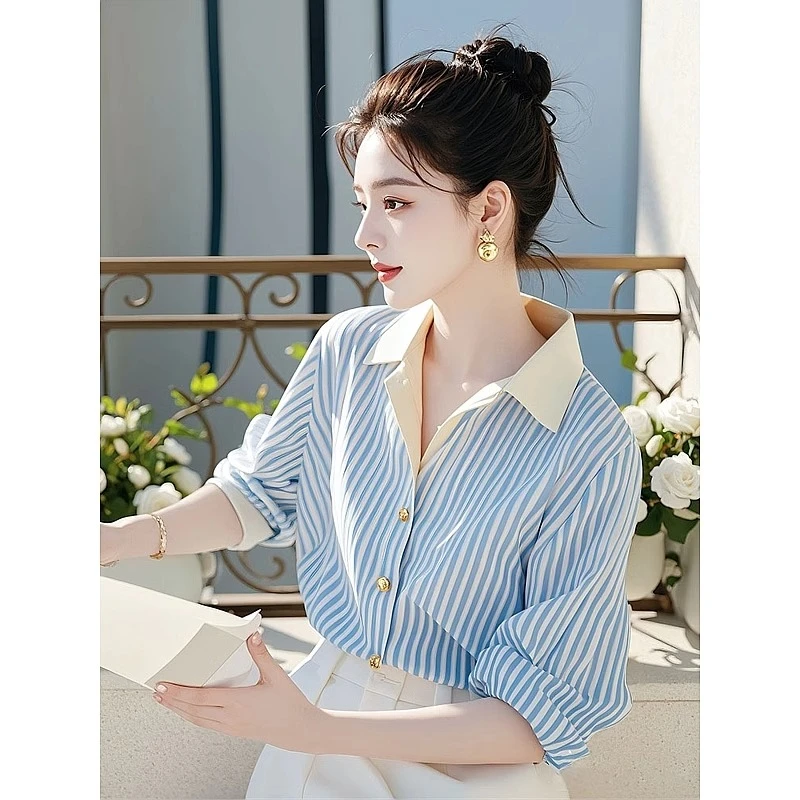 韩系chic别致蓝色长袖条纹衬衫女款早秋2024新款独特漂亮职业上衣