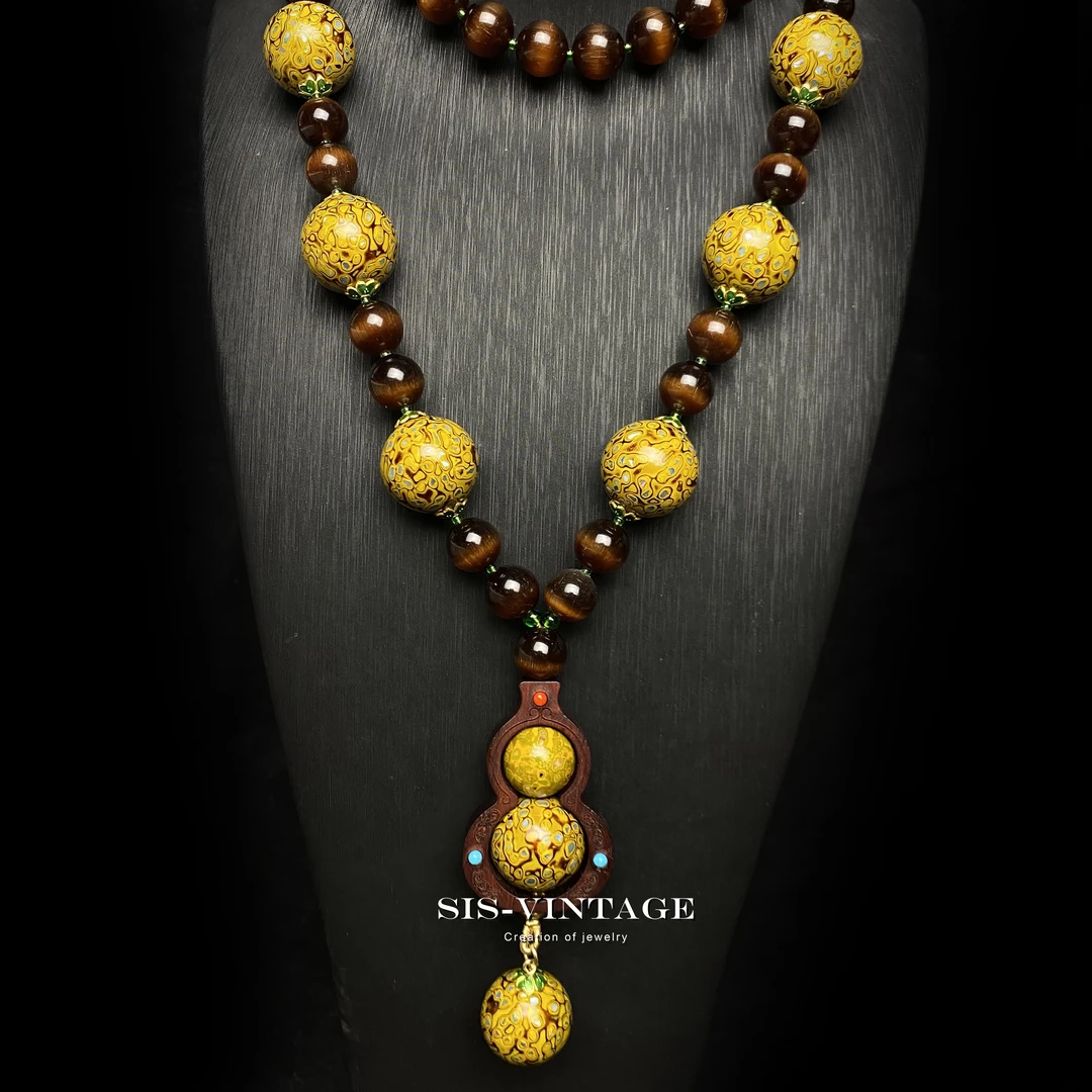 铜合金木质项链 枕花眠 大漆珠款葫芦吊坠长款毛衣链太太服项链