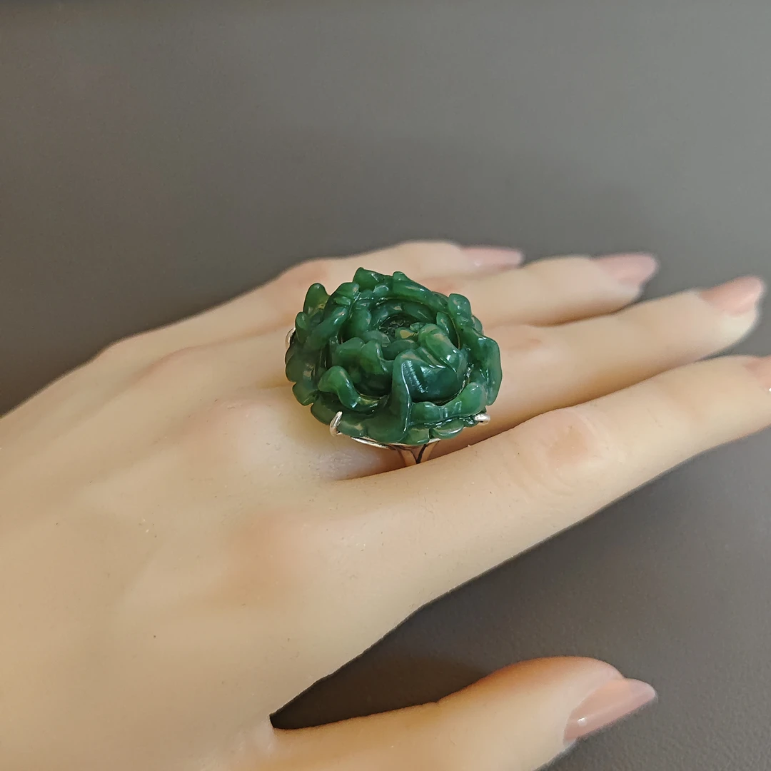[00118]天然和田碧玉牡丹花立体雕工精美戒指s925银镶嵌开口戒