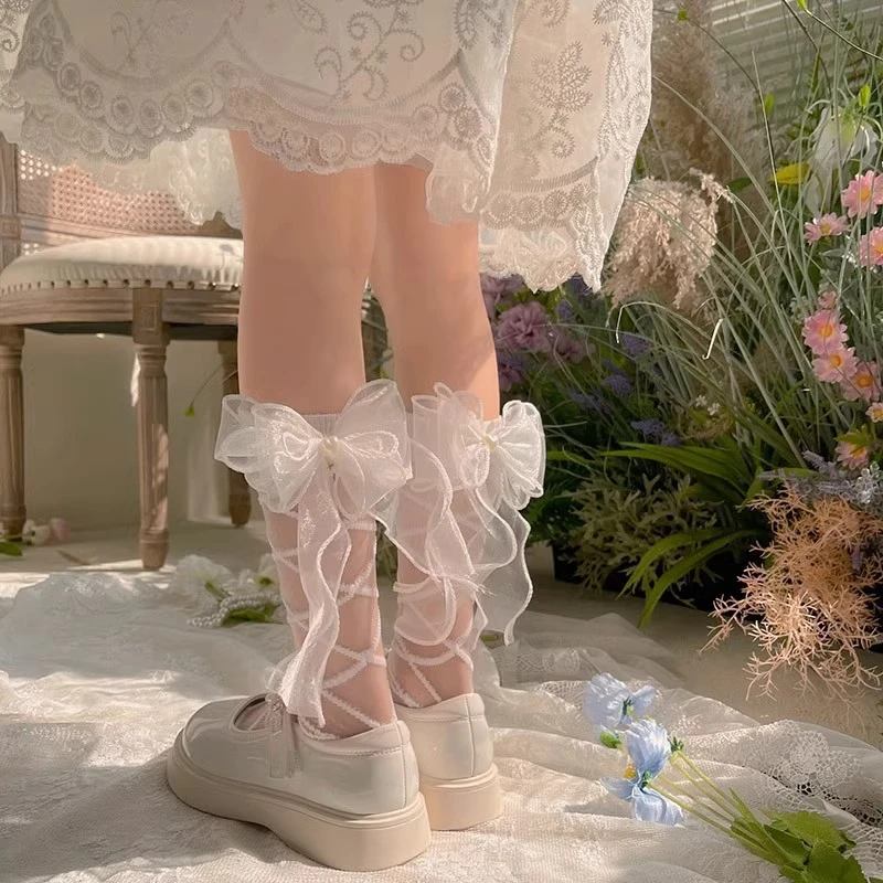 女童夏季洛丽塔中筒袜蝴蝶结爱心三层纱钉珠儿童水晶玻璃丝袜子