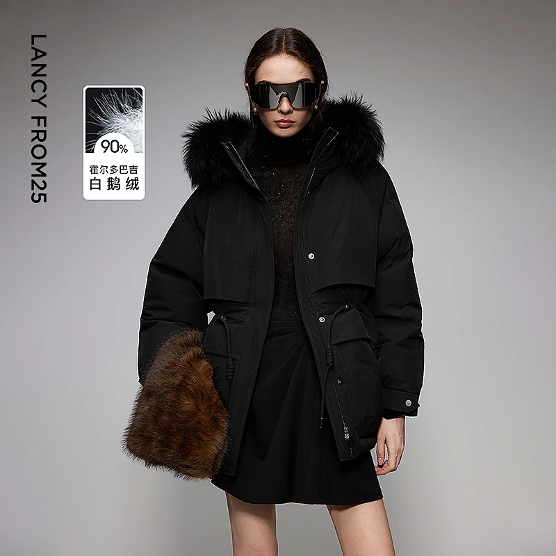 朗姿霍尔多巴吉鹅绒羽绒服连帽修身时尚通勤上衣女2025年冬季新款