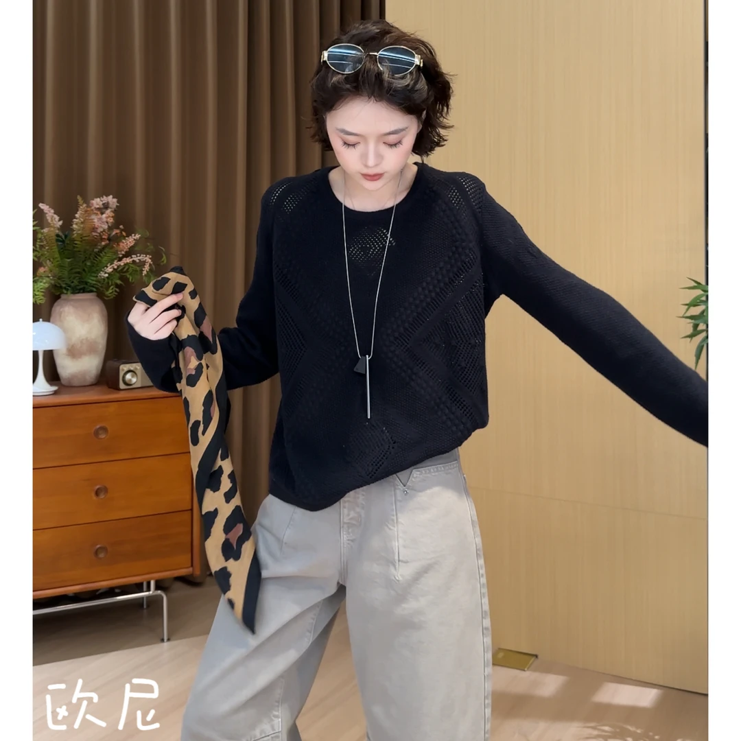 欧尼私服 2025早秋新款慵懒风镂空圆领针织衫百搭上衣2508C4855