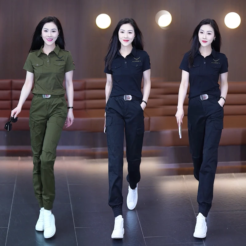 工装套装女款2025新款韩版洋气时尚翻领T恤修身显瘦工装裤两件套
