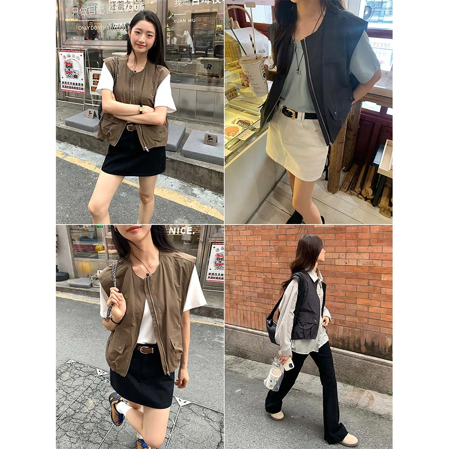 美式工装叠穿马甲背心女2024秋宽松休闲无袖外搭上衣143AY685