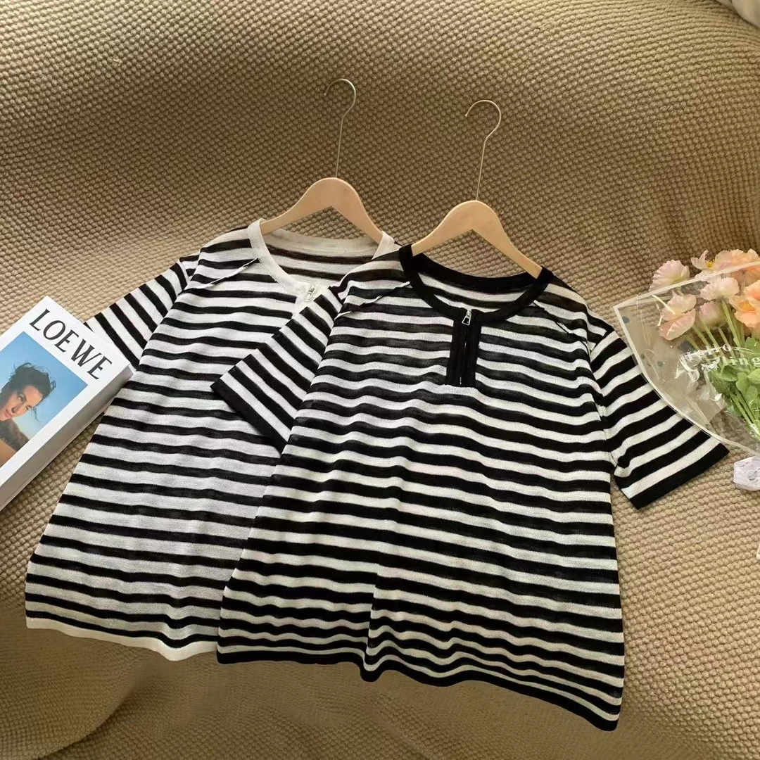 素心轻奢 2025夏季新款时尚百搭短袖透气宽松显瘦条纹上衣13213