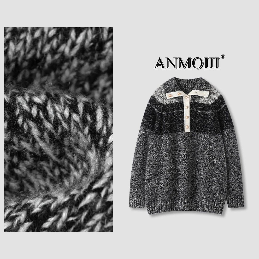 ANMOIII【花纱拼色套头衫】秋冬满分羊毛衫毛衣复古百搭时尚针织衫
