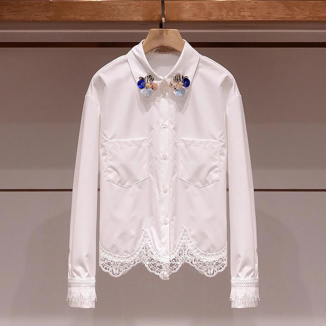 【琥珀纽扣】polo领衬衫女2025女装气质蕾丝边上衣宽松衬衣