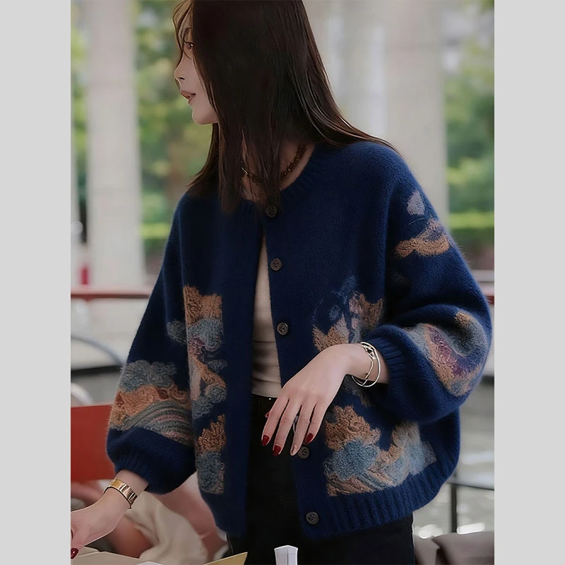 独特高端新中式国风开衫毛衣外套女2025秋季新款慵懒宽松针织上衣