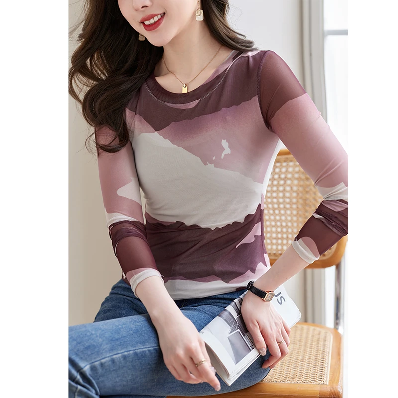 A601网纱打底小衫女2025春秋新款时尚洋气修身印花长袖t恤上衣女