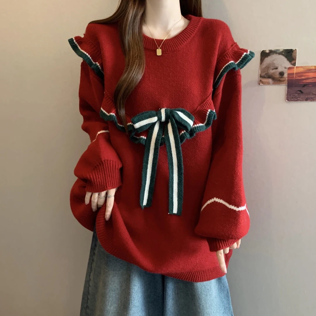 圣诞氛围感法式正肩毛衣女2025秋冬新款大码胖mm中长款针织衫上衣