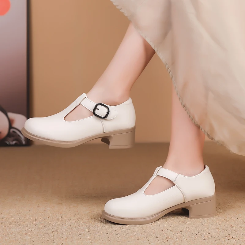 新款单鞋软皮丁字女士真皮皮鞋圆头复古软底妈妈女鞋春秋中老年