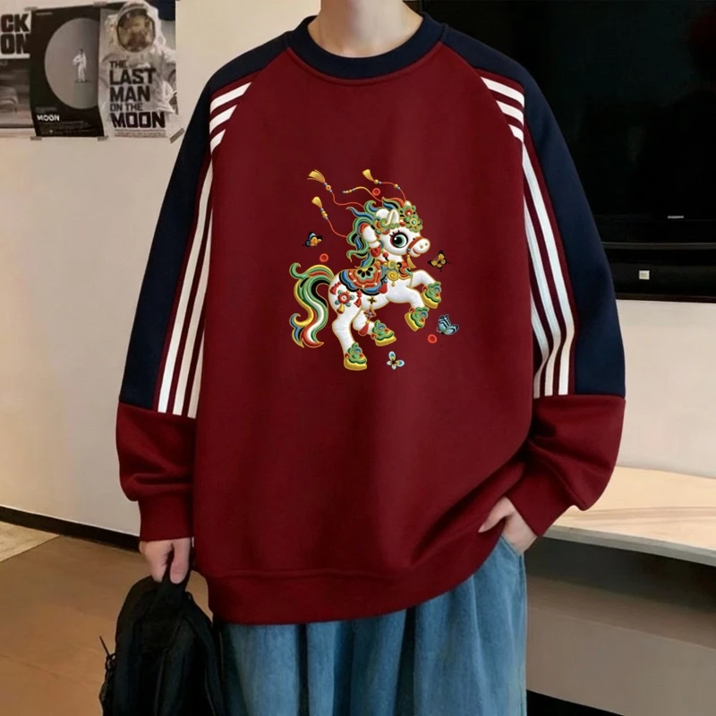 拼色圆领卫衣男士秋冬季酒红色宽松加绒加厚保暖打底衫上衣青少年