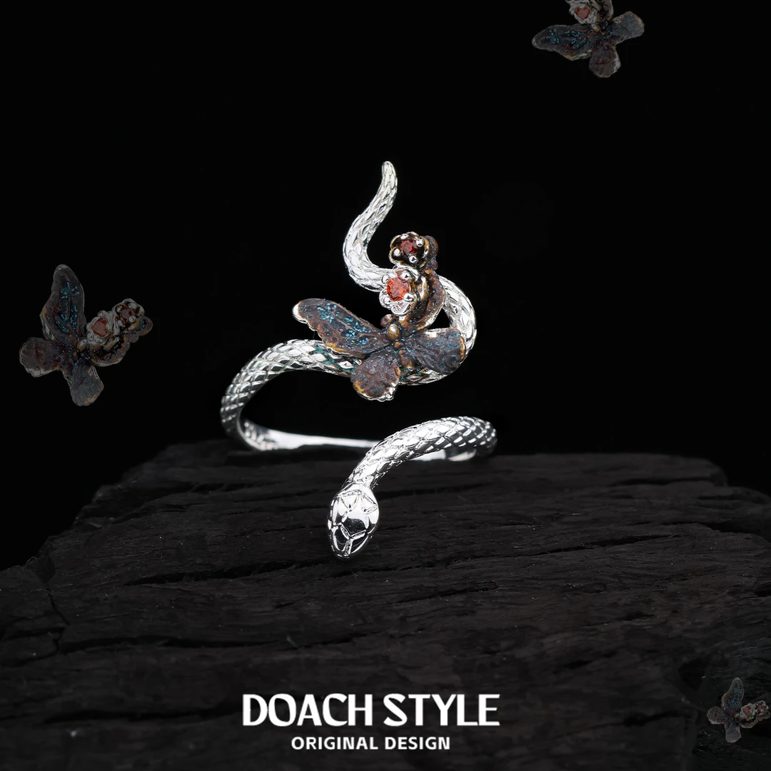 925银戒指 彩蝶蛇玫瑰戒指蛇形指环独特精致开口可调节蝴蝶食指戒