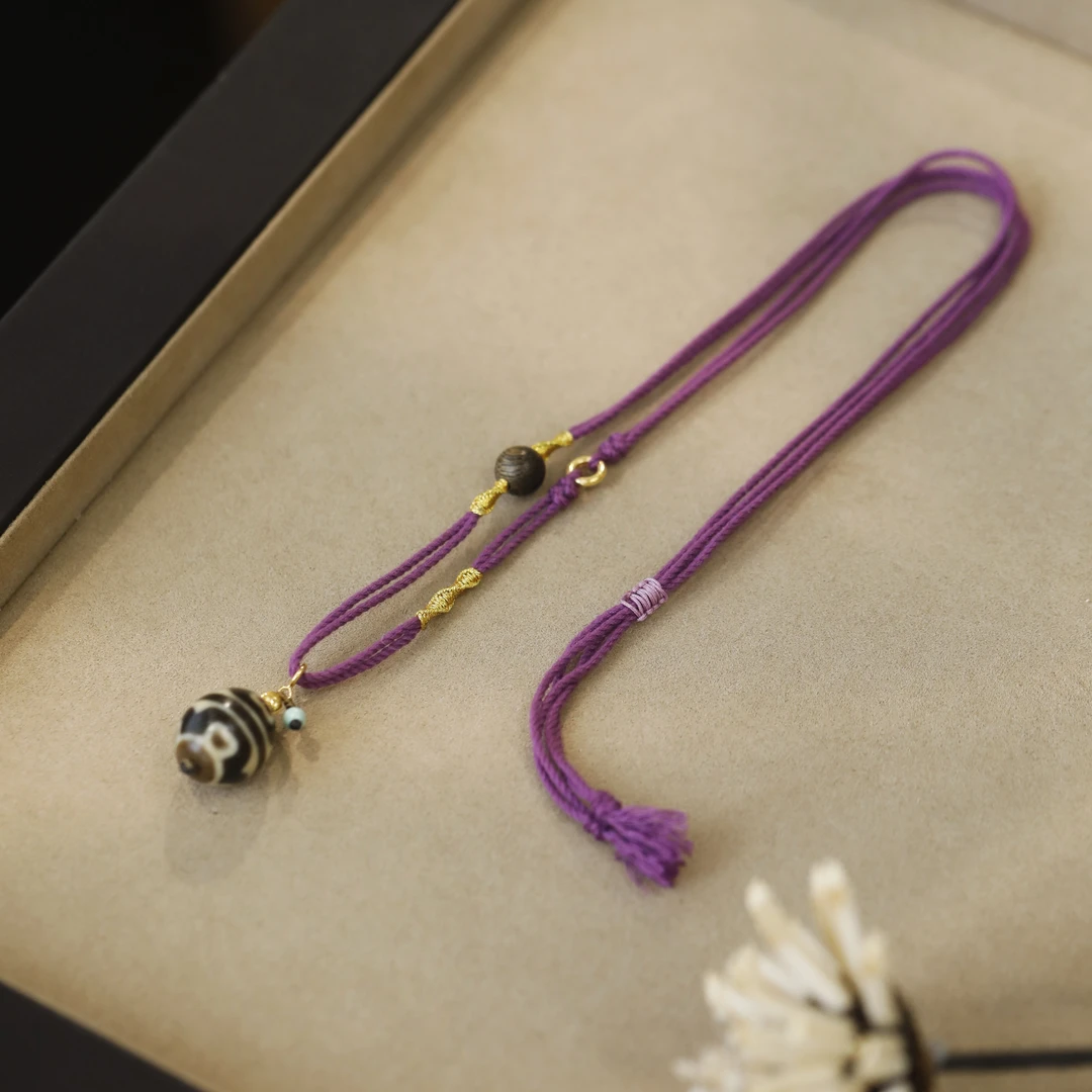 麦麦【鹤知夜半】天然玛瑙（覆膜）天珠+18K 项链六瓣莲花 多样性发一