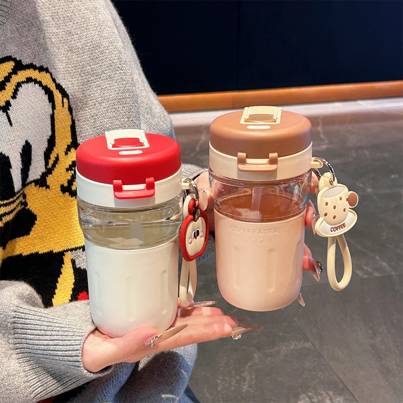 奇亚双饮吸管杯高颜值学生加厚可爱玻璃杯高硼硅耐高温隔热水杯