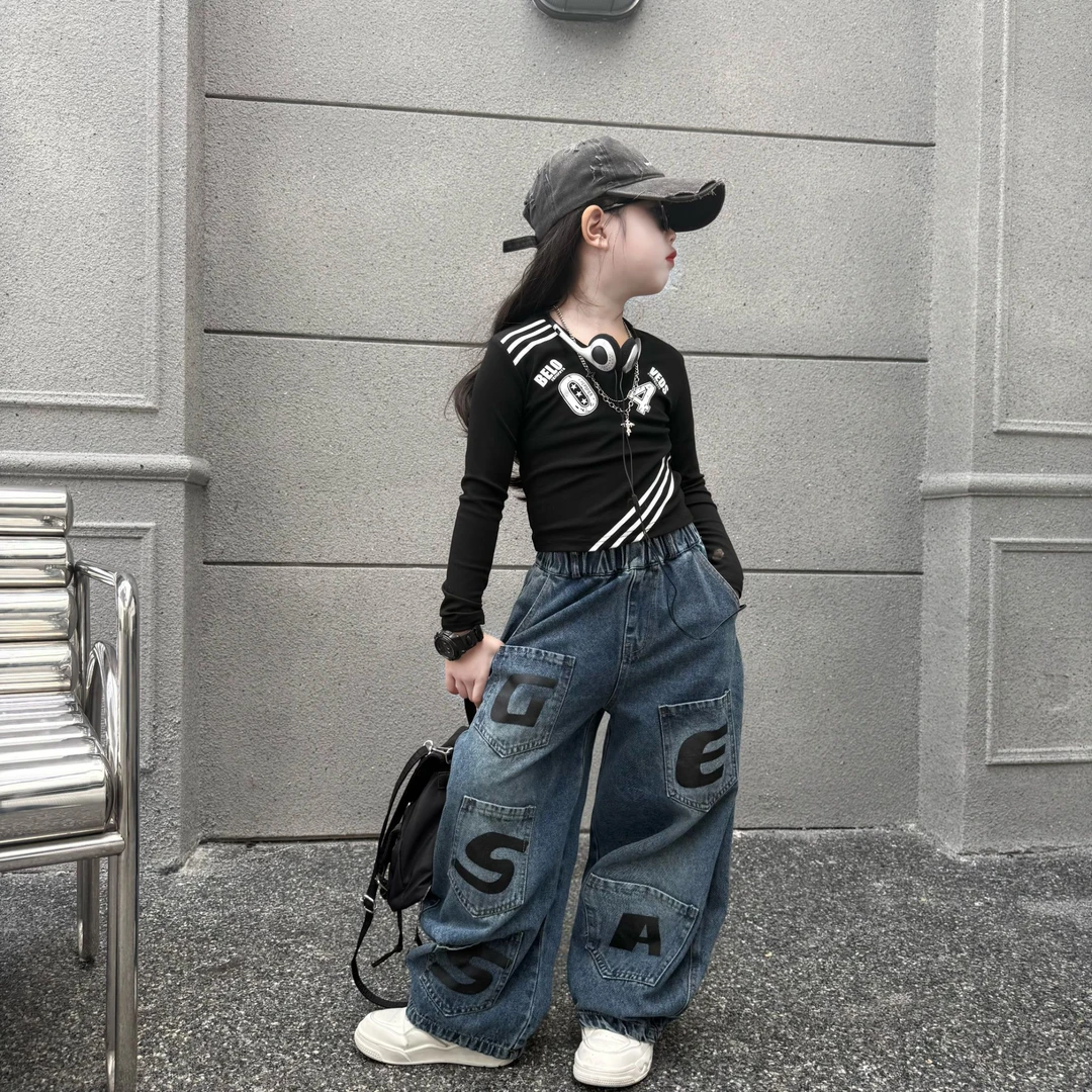 女童秋季潮酷休闲风工装牛仔裤阔腿裤中大童修身短款爵士风打底衫