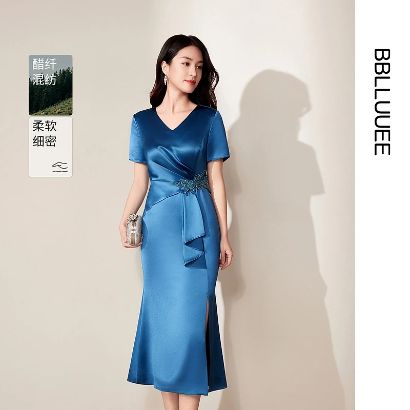 【晨粉专享价】【重工礼服】BBLLUUEE/粉蓝衣橱2025夏装新款钉珠鱼尾V