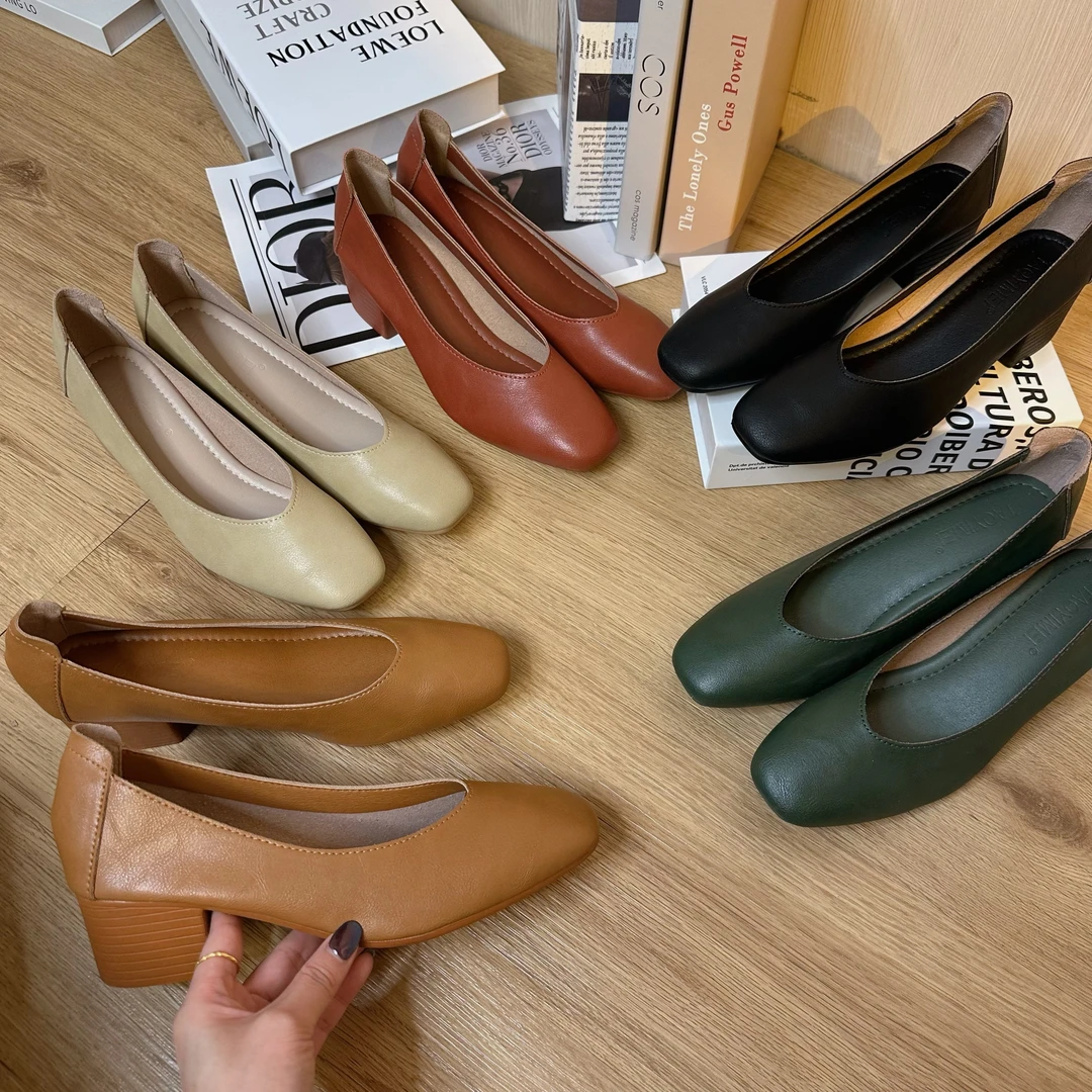 5CM 真皮通勤粗跟高跟鞋女奶奶鞋女复古软皮v口中跟玛丽珍鞋女鞋