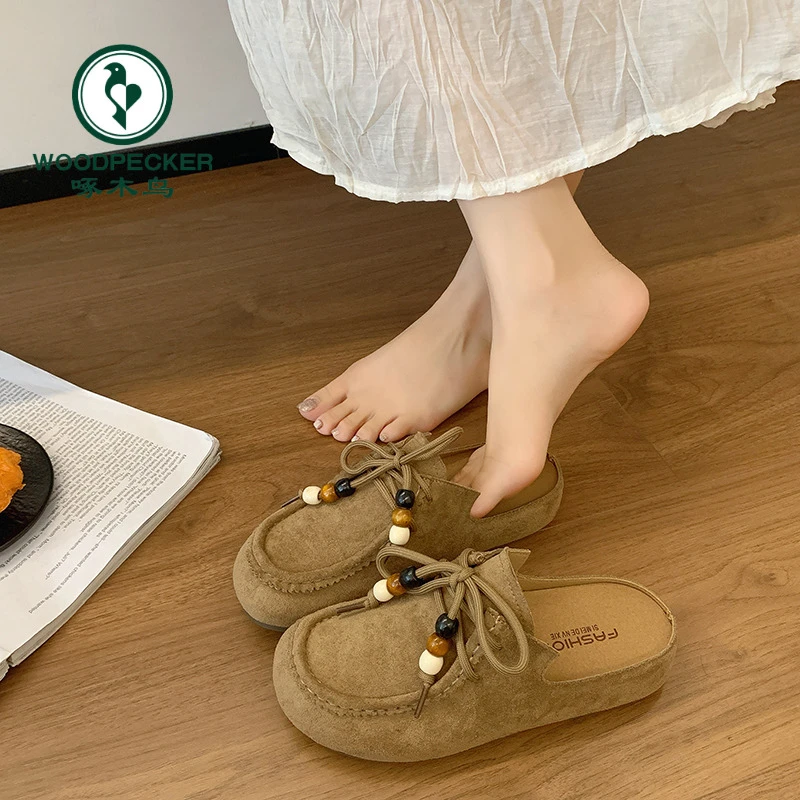 啄木鸟复古系带勃肯包头半拖鞋女2025秋季新款一脚蹬厚底穆勒凉拖