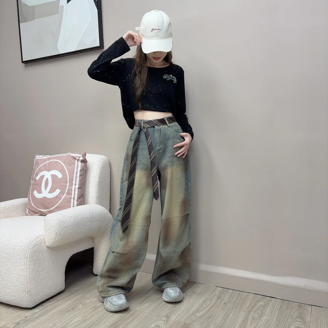 秋冬新款广场舞阔腿复古领带装饰牛仔裤刺绣玫瑰设计感酷帅舞蹈裤